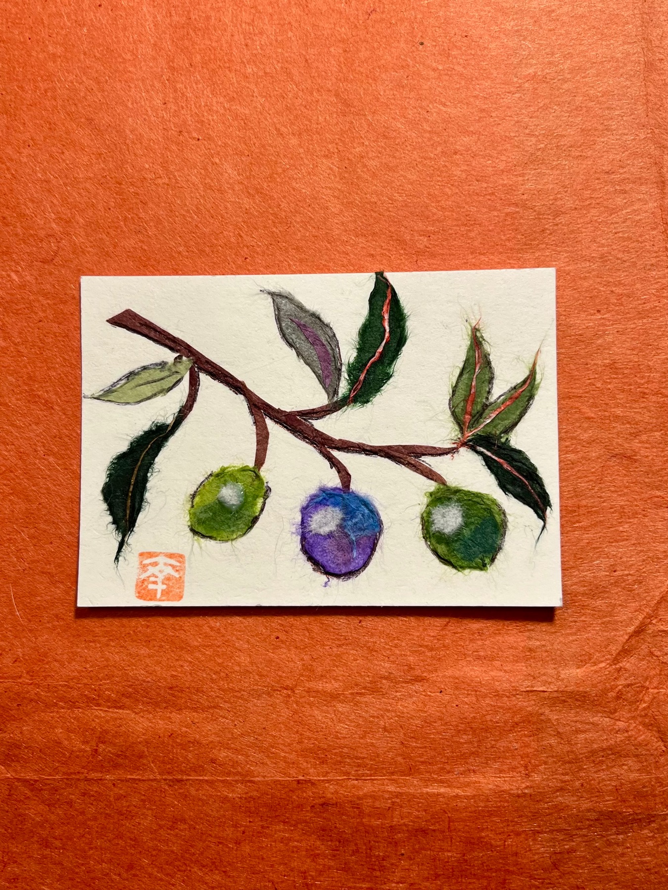Olives #3- Japanese Washi art aceo art card