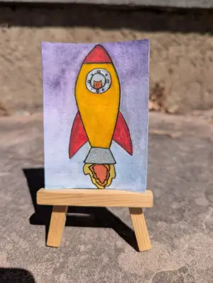 "Spaceship 3" - Watercolor & Gouache Cat Looking out Spaceship Window With Purple Sky aceo art card thumbnail 1