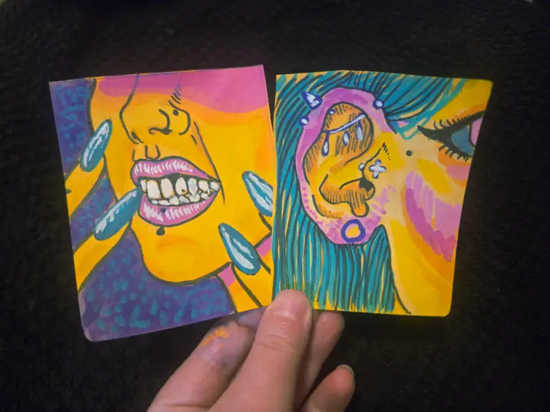 Punky piercings portrait, set of 2 sketch aceo art card