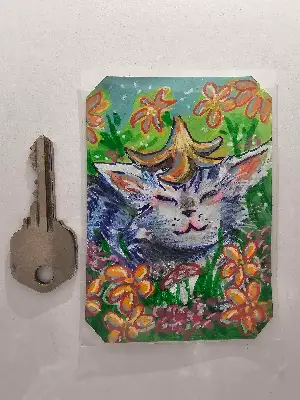 Kitty with a Flower Hat aceo art card thumbnail 2
