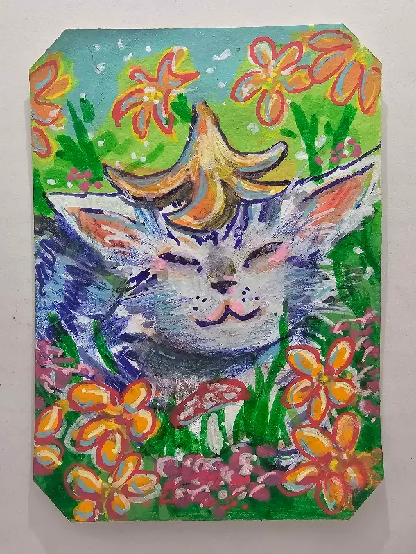 Kitty with a Flower Hat aceo art card