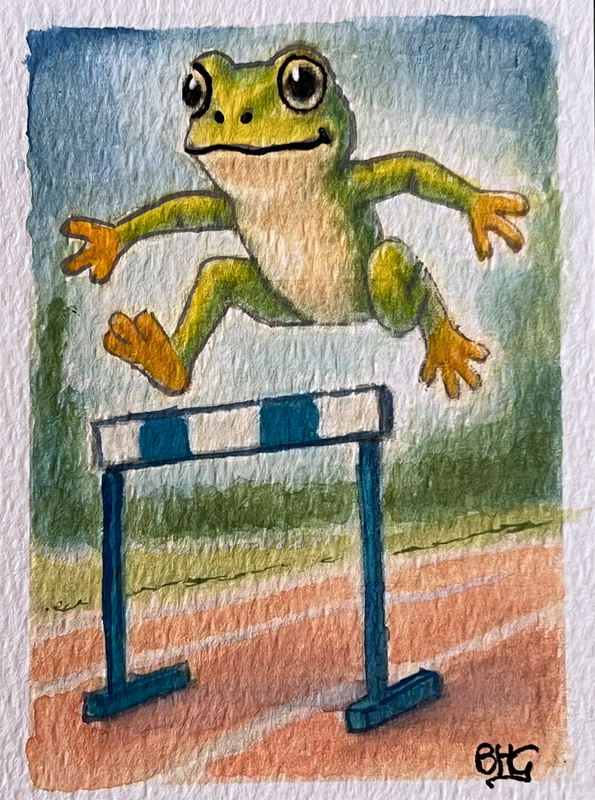 Hurdling Frog aceo art card