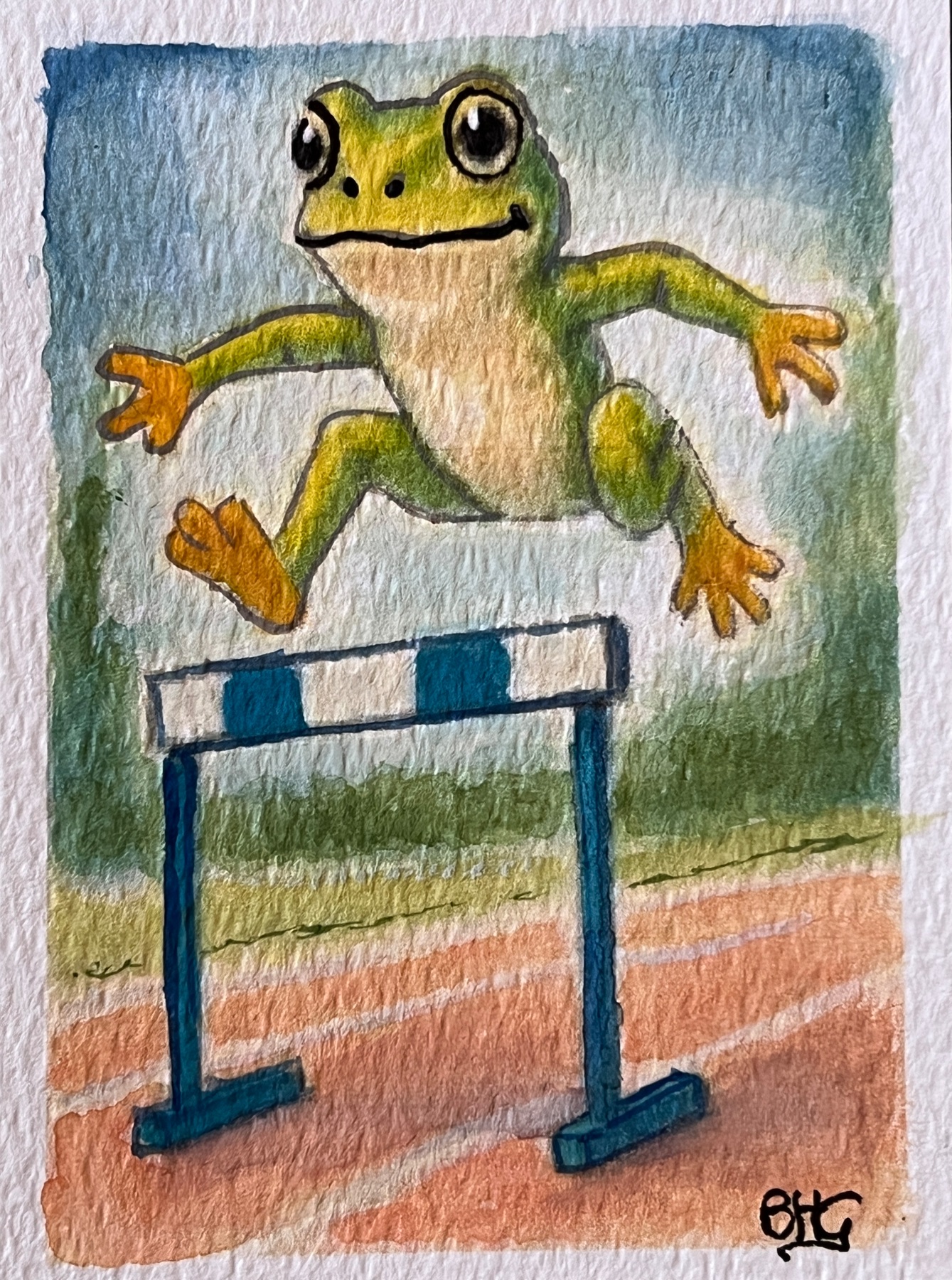 Hurdling Frog aceo art card