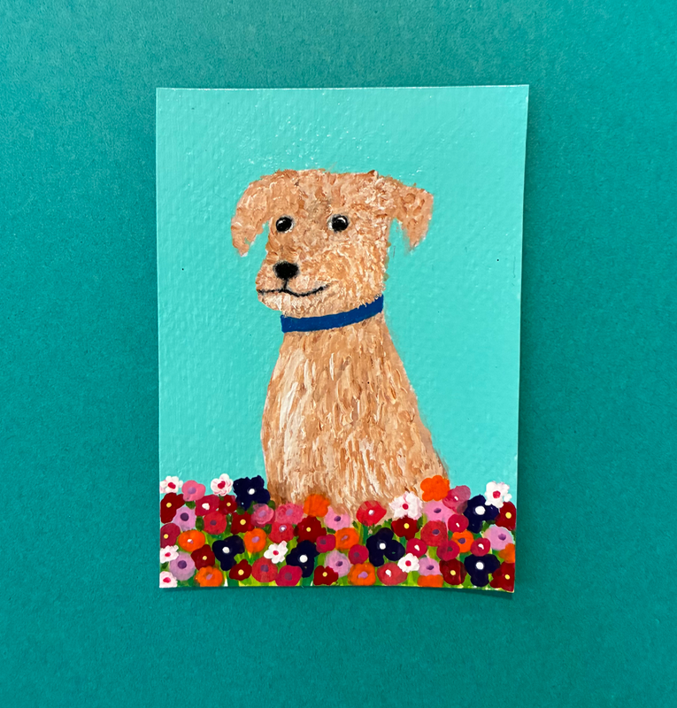 Pup In Blooms aceo art card