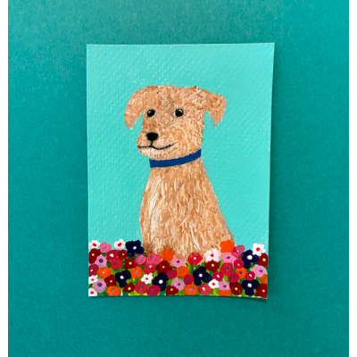 Pup In Blooms aceo art card thumbnail 1