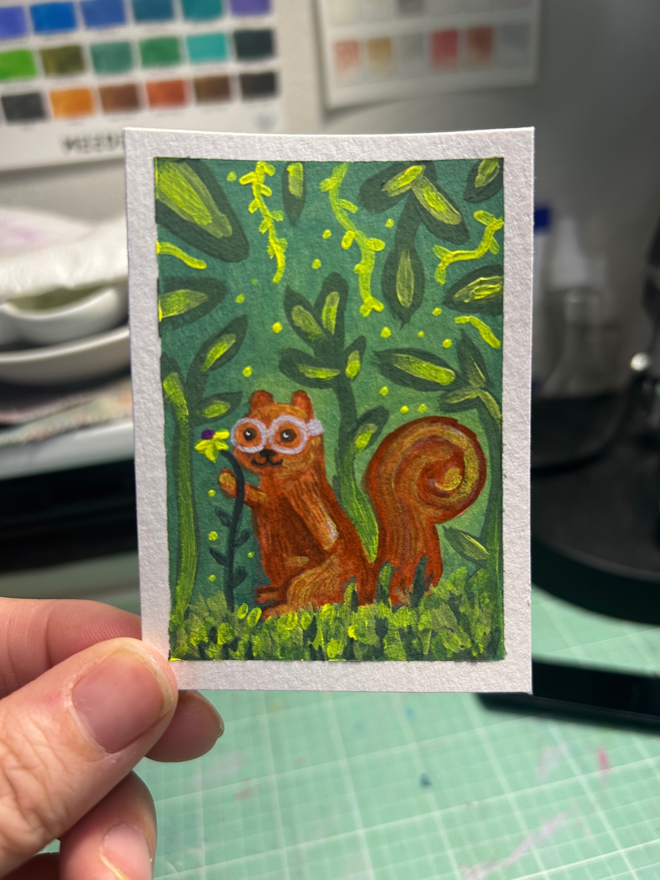 Squirrel with glasses aceo art card