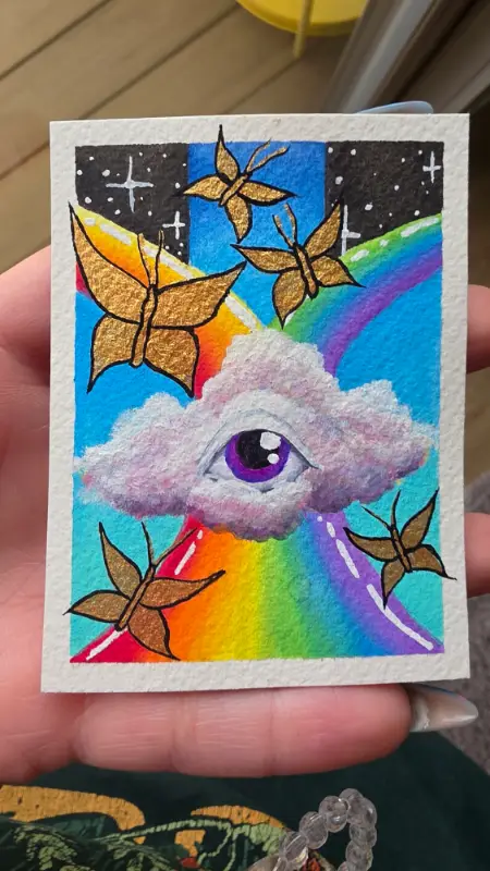 ACEO Original mixed media watercolor gouche surreal psychedelic eyeball cloud rainbow gold butterfly aceo art card