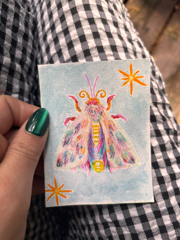 Rainbow Fuzzy Moth aceo art card