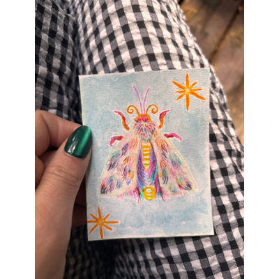 Rainbow Fuzzy Moth aceo art card thumbnail 1