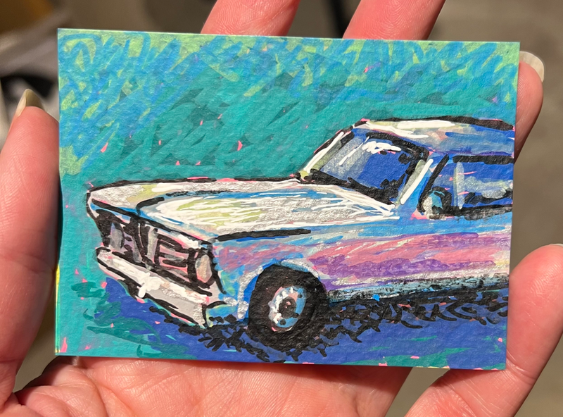 Acrylic painting of silver Barracuda muscle car on blue background aceo art card