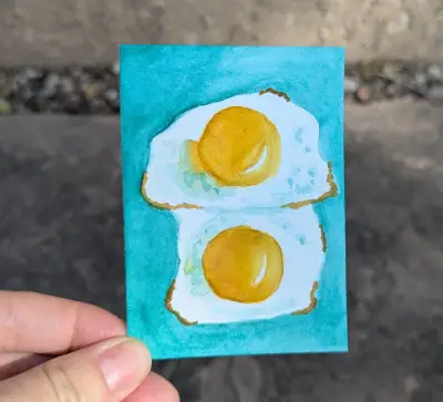 "Fried Eggs" - Watercolor ACEO of Breakfast Food by needle.rat aceo art card thumbnail 2