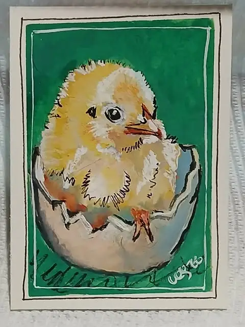 Giftable, Collectible, and Unique – OOAK Watercolor Newborn Chick in Cracked Egg aceo art card