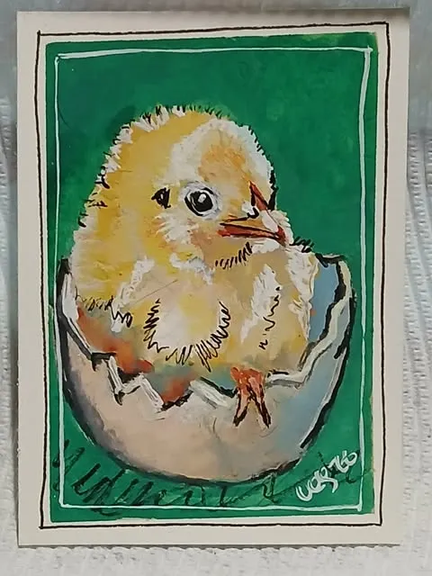 Giftable, Collectible, and Unique – OOAK Watercolor Newborn Chick in Cracked Egg aceo art card