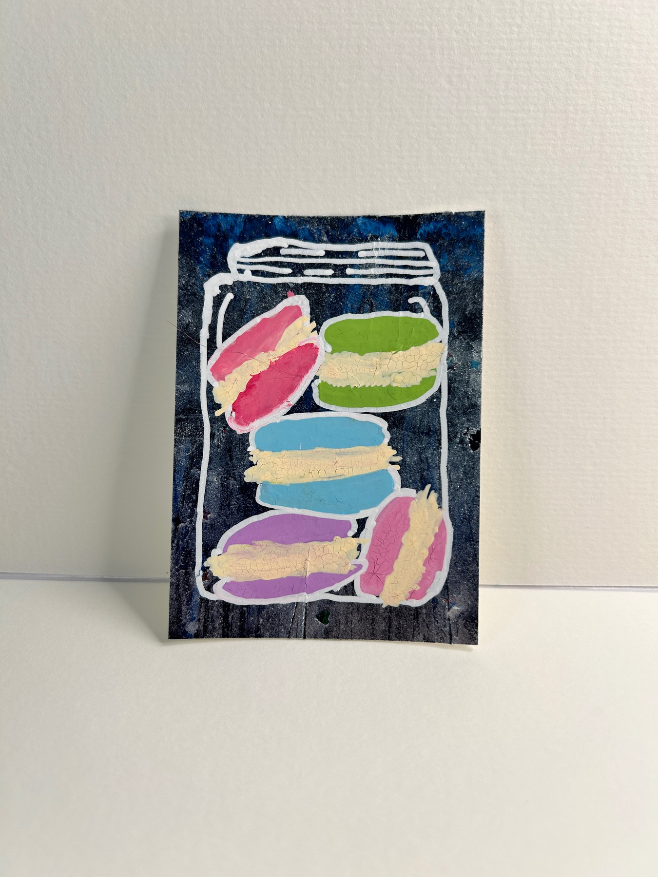 Macarons in a Jar ACEO – Colorful Dessert Mini Painting – Whimsical Sweet Treat Art Card aceo art card