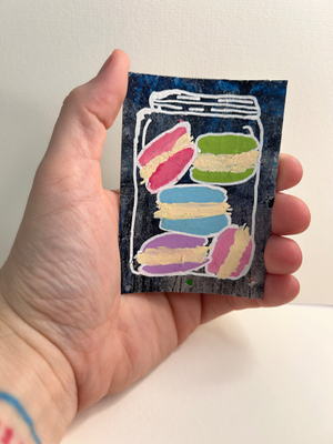 Macarons in a Jar ACEO – Colorful Dessert Mini Painting – Whimsical Sweet Treat Art Card aceo art card thumbnail 2