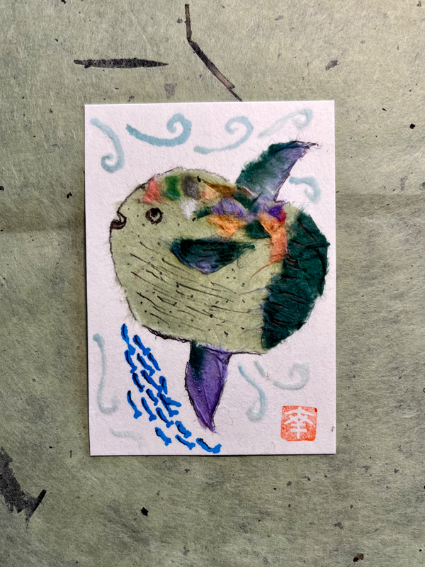 Japanese Washi art - mambo fish #2 aceo art card