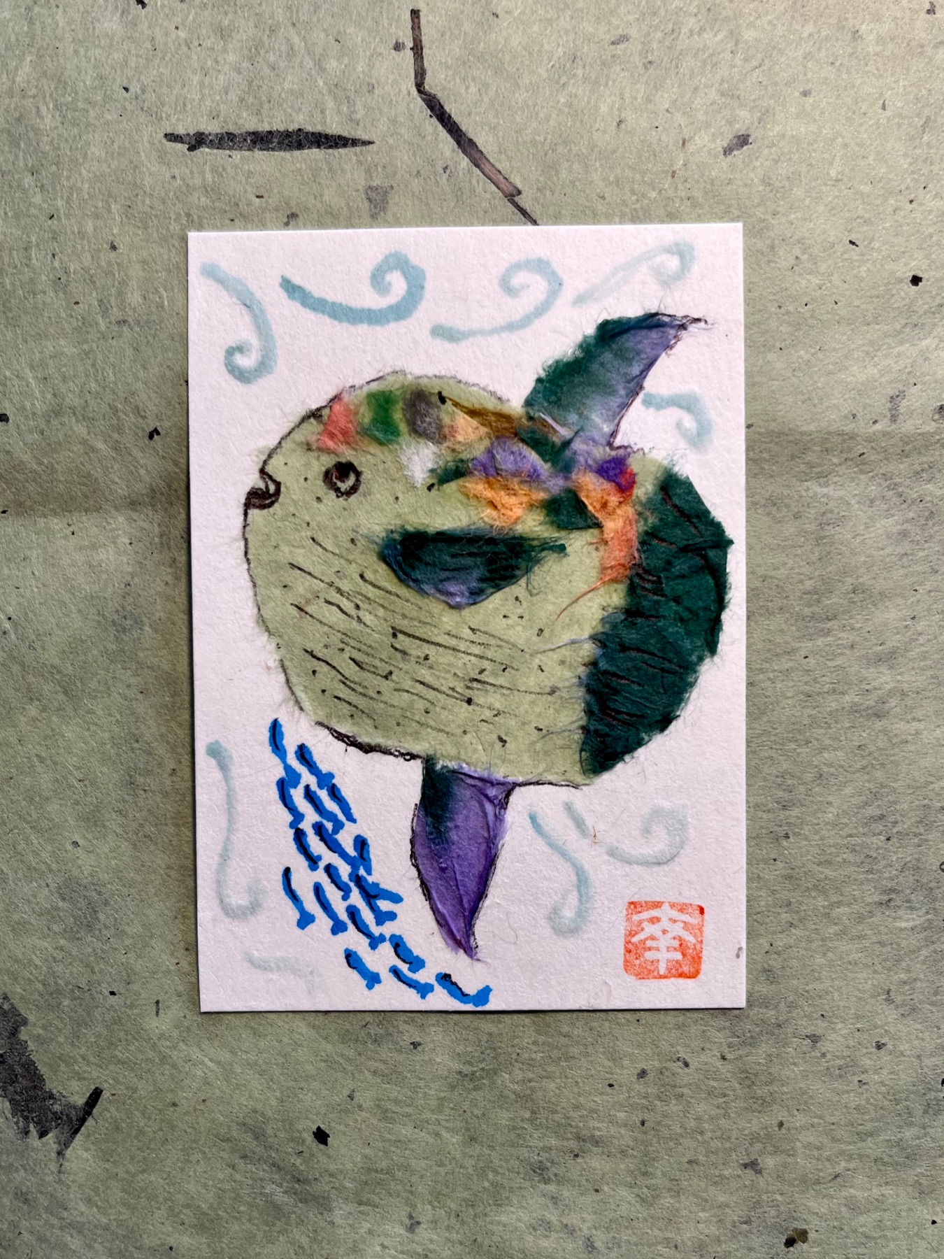 Japanese Washi art - mambo fish #2 aceo art card
