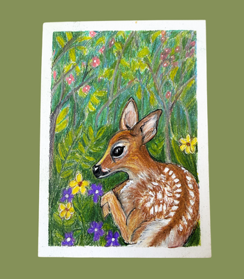 Fawn in the Woods ACEO - Colored Pencil & Ink on Illustration Board aceo art card thumbnail 1