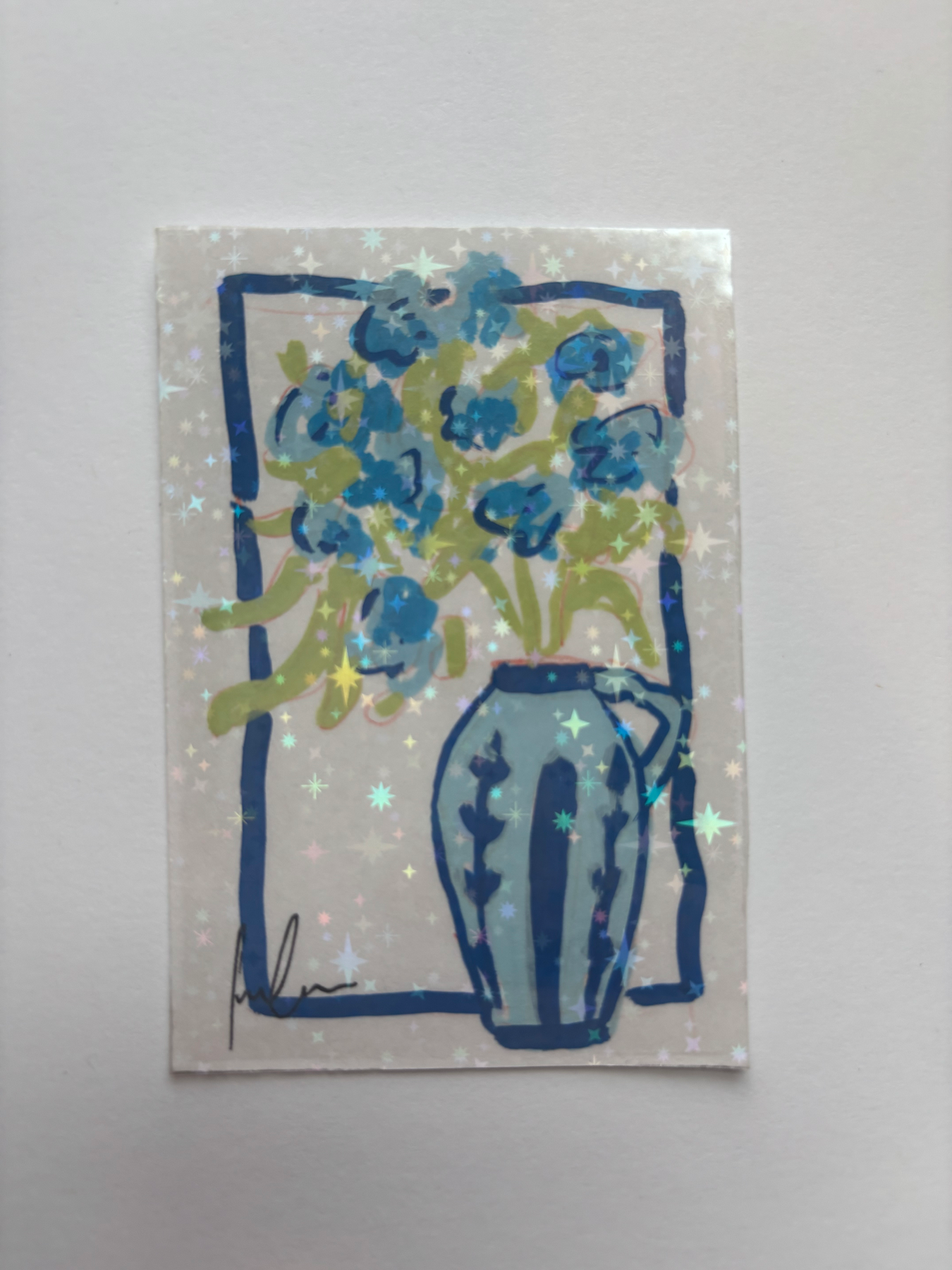 “Shiny Flowers” Vase with flowers aceo art card