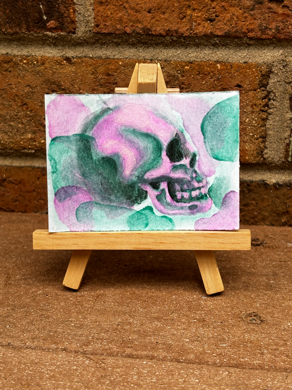 Pink and Green Abstract Smudged Skull Watercolor aceo art card