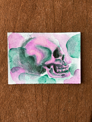 Pink and Green Abstract Smudged Skull Watercolor aceo art card thumbnail 2