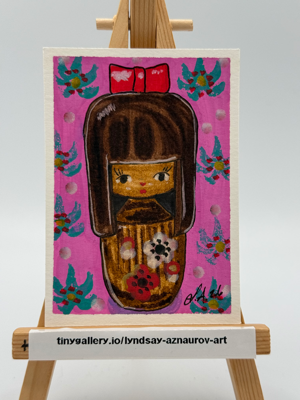 Carved Wood Kokeshi Original ACEO by Lyndsay Aznaurov aceo art card