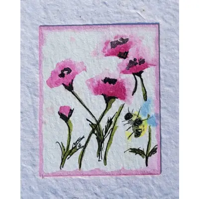 Bee and Pink Poppies Handmade Paper aceo art card thumbnail 2