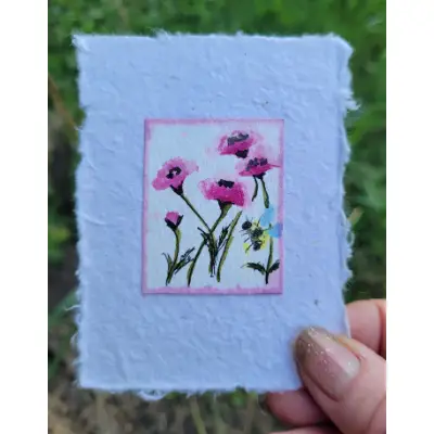 Bee and Pink Poppies Handmade Paper aceo art card thumbnail 4