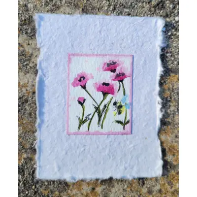 Bee and Pink Poppies Handmade Paper aceo art card thumbnail 3