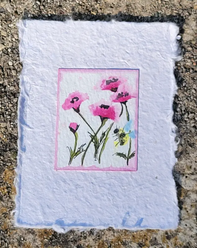 Bee and Pink Poppies Handmade Paper aceo art card