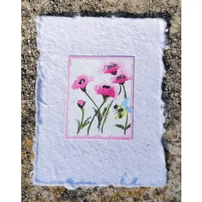 Bee and Pink Poppies Handmade Paper aceo art card thumbnail 1
