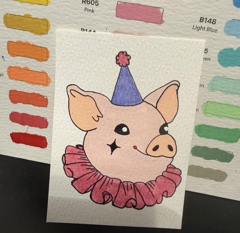 Clown pig aceo art card