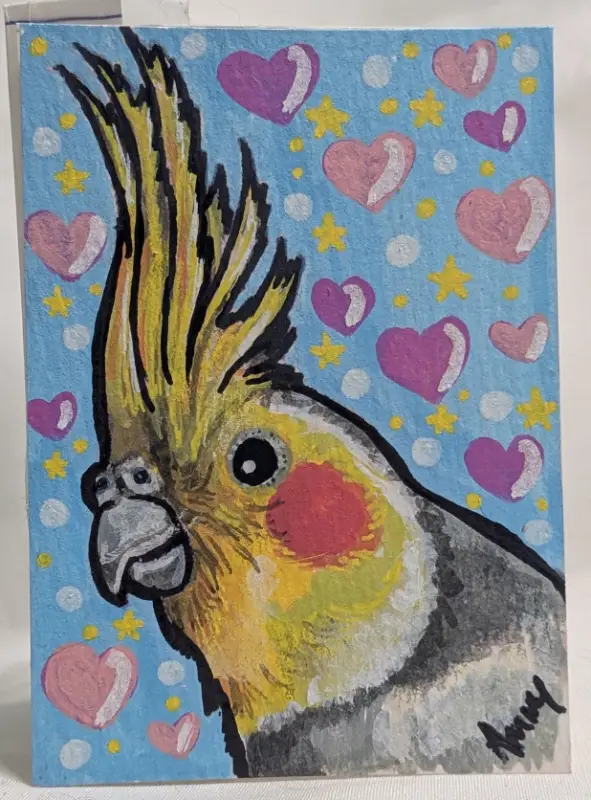 Hearts, Stars, and Cockatiel! aceo art card
