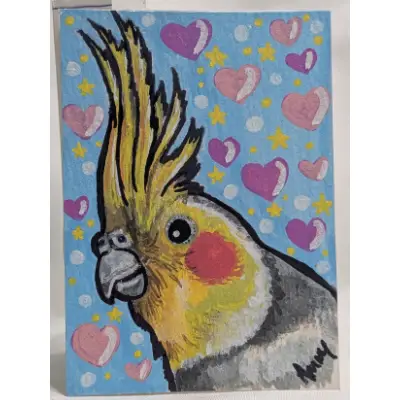 Hearts, Stars, and Cockatiel! aceo art card thumbnail 1