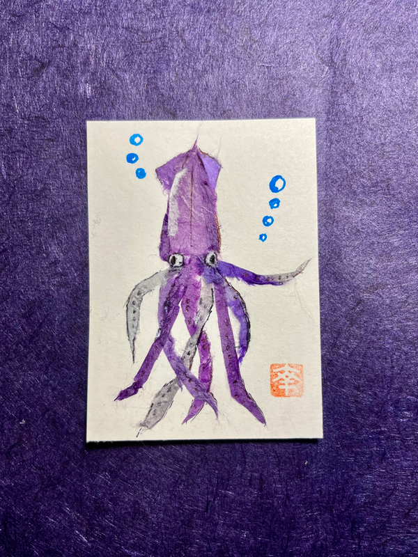 Japanese Washi art - squid purple (ika) aceo art card