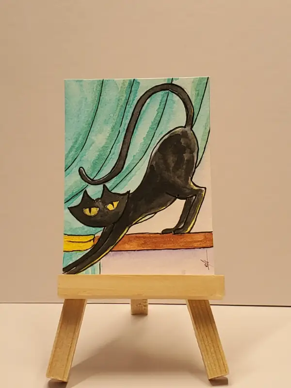 Bourbon Stretches Black Cat Series ACEO One Of A Kind 3.5x2.5 aceo art card