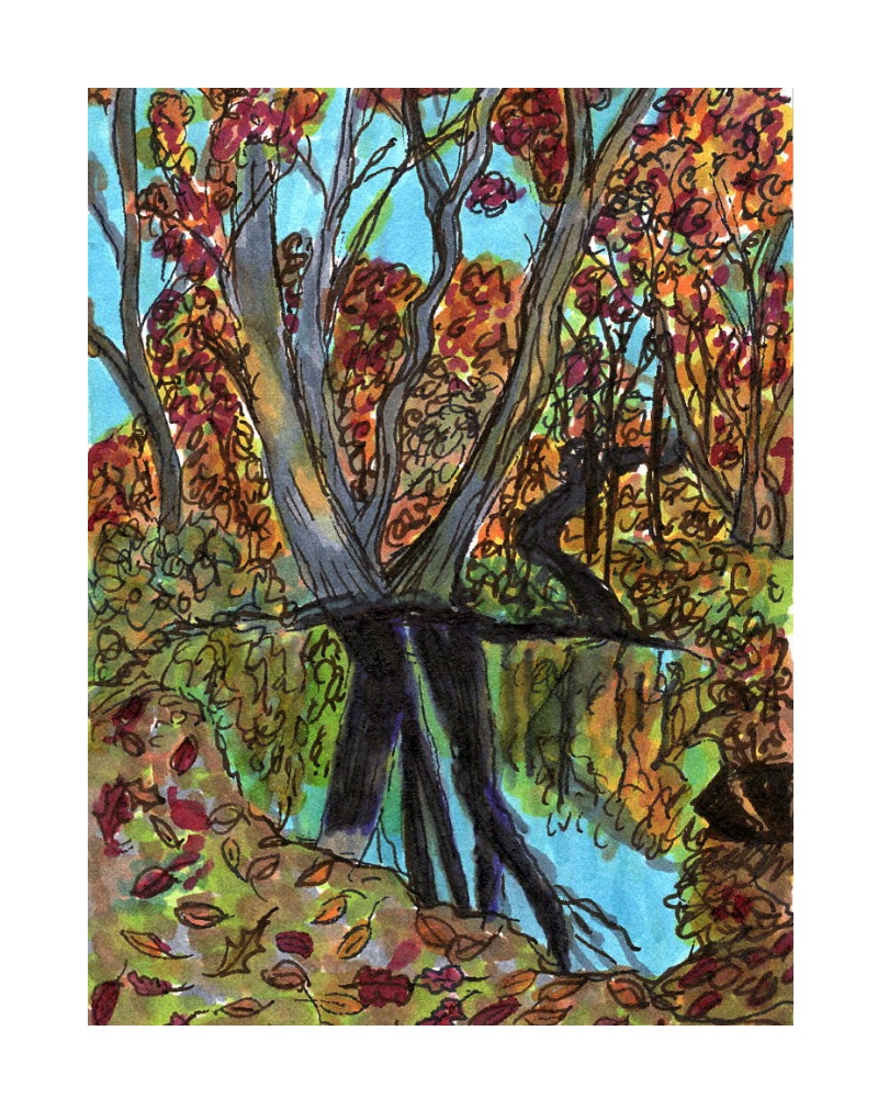 Fall Forest Pond ACEO - Alcohol Ink Drawing on Watercolor Paper aceo art card