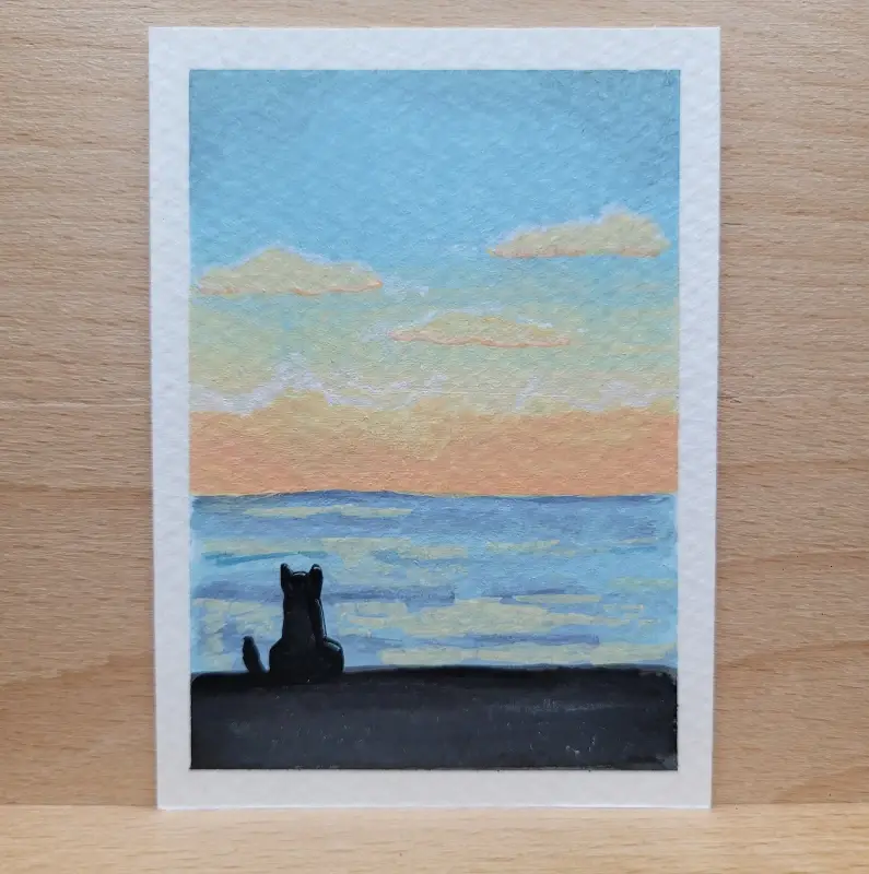 Cat watching Sunset aceo art card