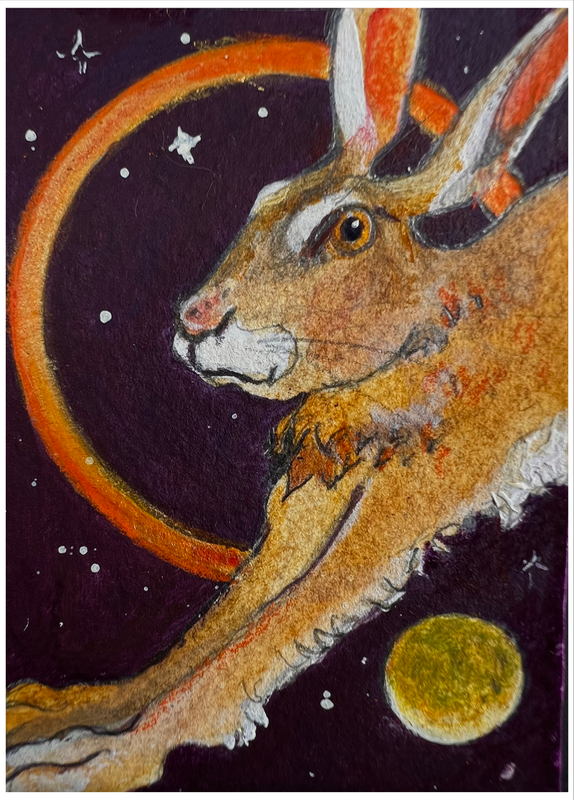 “The Hare Danced with the Moon” aceo art card