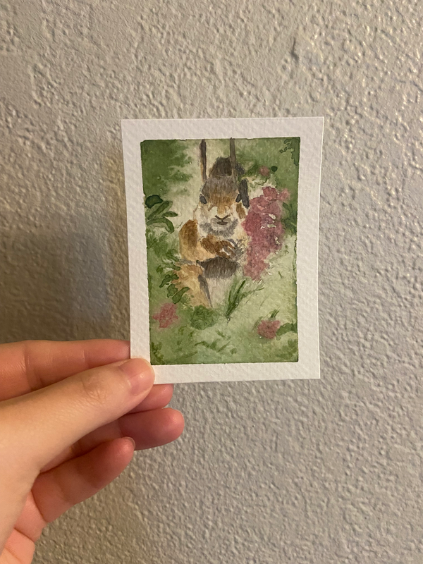 Squirrel in flowers “the in-between” aceo art card