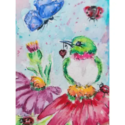 :Be Still My Heart" Hummingbirds Ladybugs Butterflys aceo art card thumbnail 3