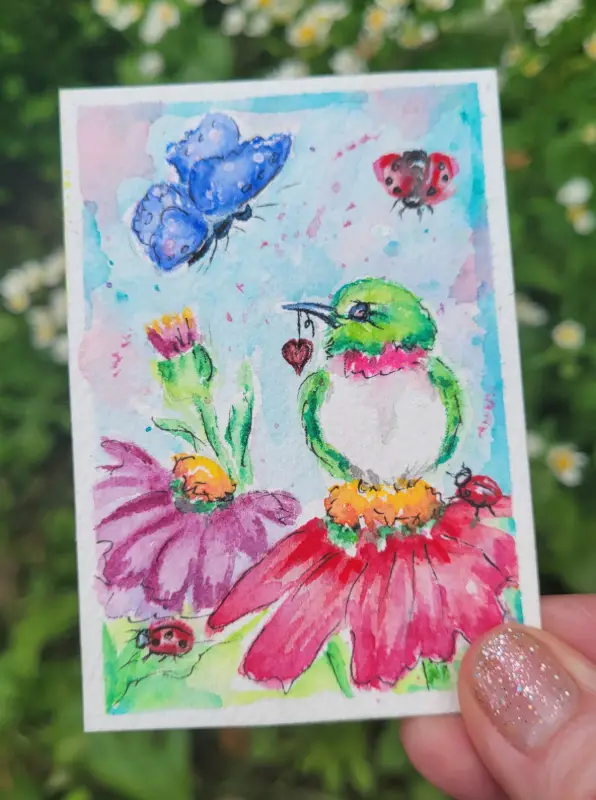 :Be Still My Heart" Hummingbirds Ladybugs Butterflys aceo art card