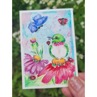 :Be Still My Heart" Hummingbirds Ladybugs Butterflys aceo art card thumbnail 1