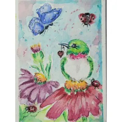 :Be Still My Heart" Hummingbirds Ladybugs Butterflys aceo art card thumbnail 2