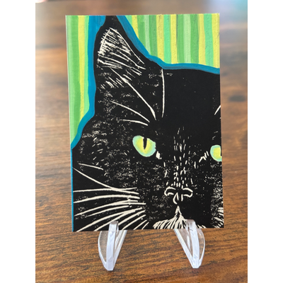 Tuxedo and Stripes, Hand-Carved Block Print Mixed Media aceo art card thumbnail 2