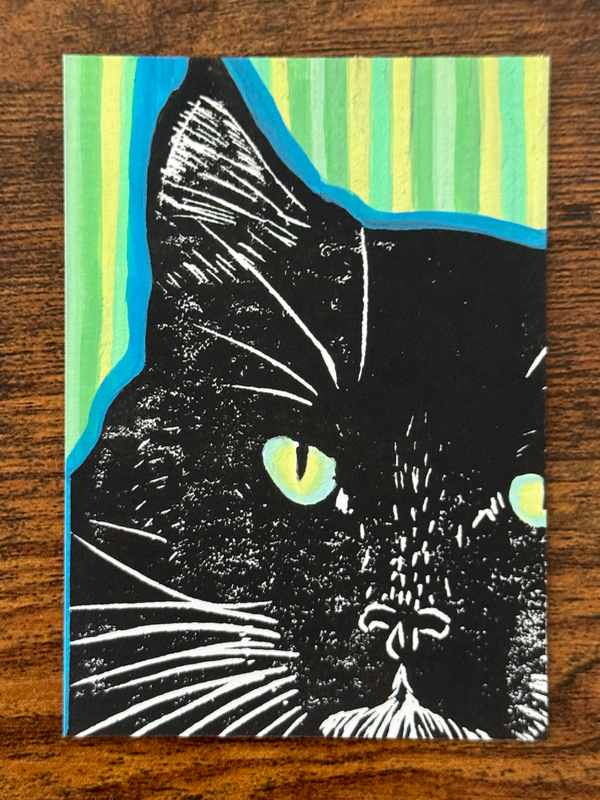 Tuxedo and Stripes, Hand-Carved Block Print Mixed Media aceo art card