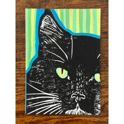 Tuxedo and Stripes, Hand-Carved Block Print Mixed Media aceo art card thumbnail 1