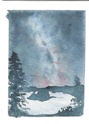 ACEO Original Watercolor Crater Lake Night Scene With Mike Way aceo art card thumbnail 1
