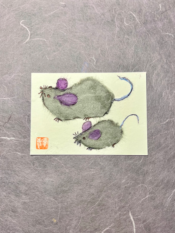 Mama & little mice-Japanese Washi art aceo art card