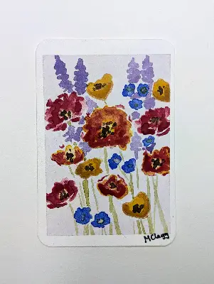 Colorful Watercolor Wildflowers including Lavender and Poppies aceo art card thumbnail 1